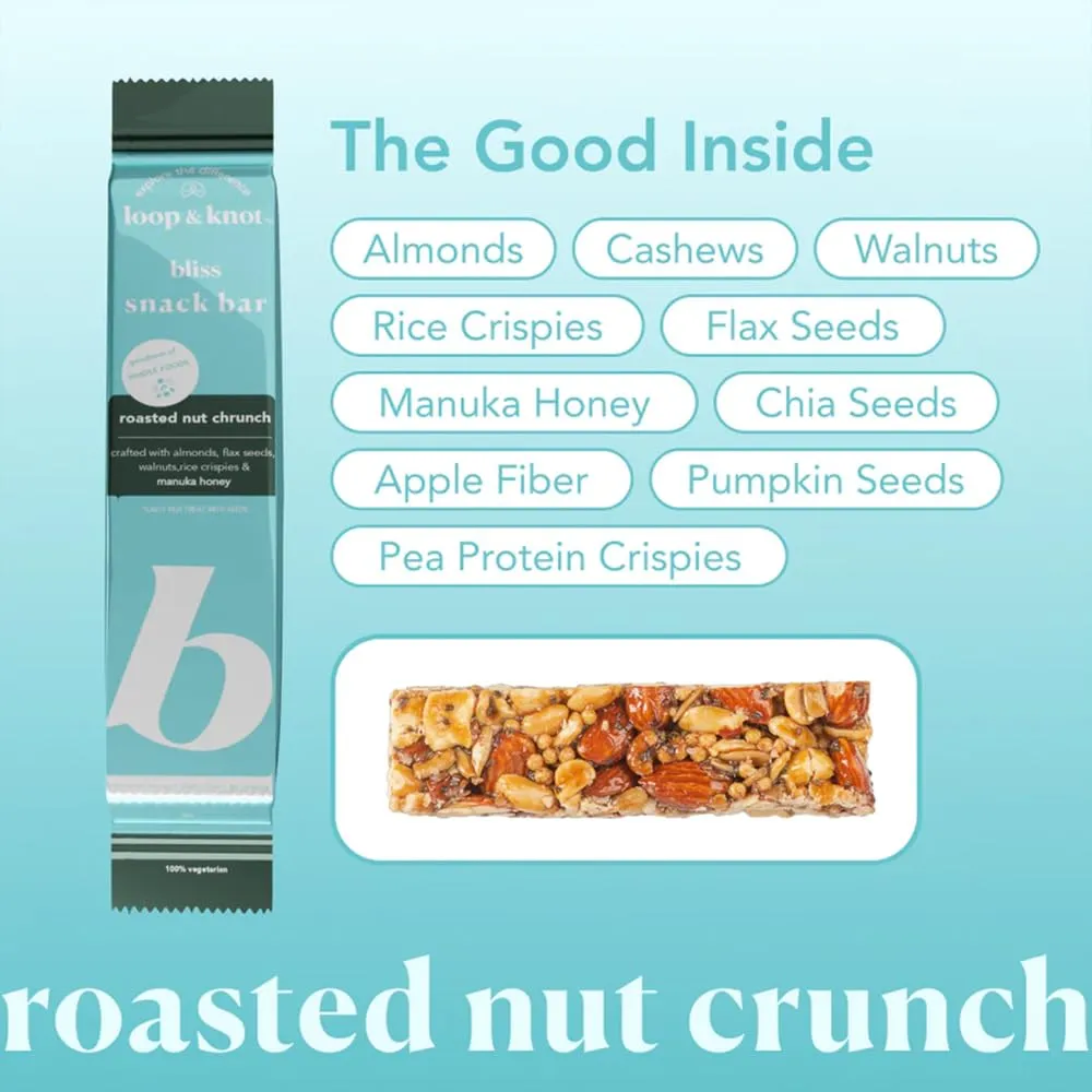 Loop & Knot Bliss Snack Bar with Roasted Nut Crunch, Almonds, Flax Seeds, Walnuts & Manuka Honey, (Pack of 8 x 42g Bars) Healthy Protein Snacks for Energy