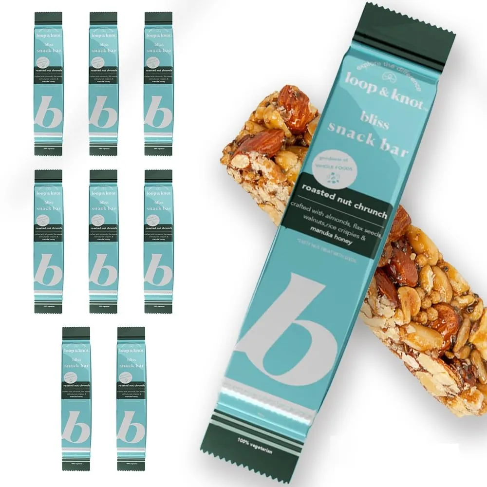 Loop & Knot Bliss Snack Bar with Roasted Nut Crunch, Almonds, Flax Seeds, Walnuts & Manuka Honey, (Pack of 8 x 42g Bars) Healthy Protein Snacks for Energy