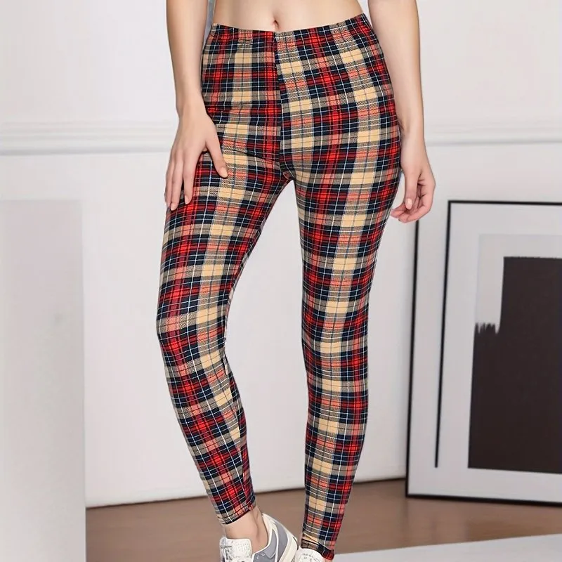 Plaid Print High Waist Leggings for Womens Fashion