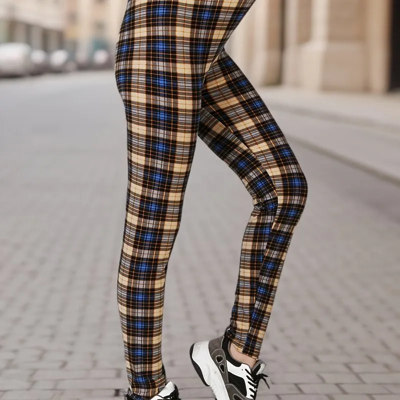 Plaid Print High Waist Leggings for Womens Fashion