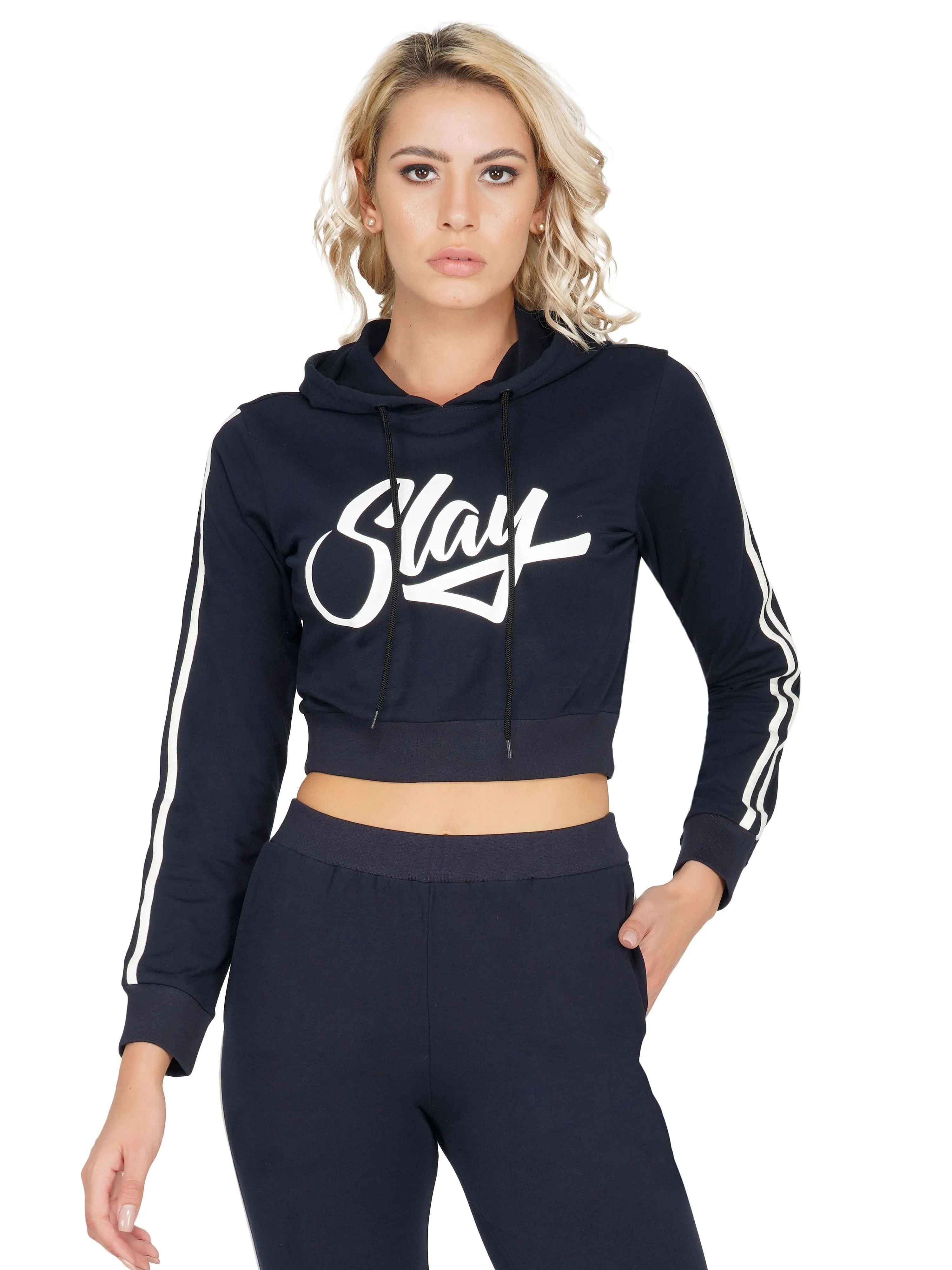 SLAY. Women's Printed Cropped Navy Blue Hoodie