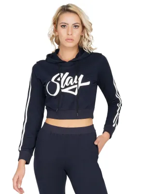 SLAY. Women's Printed Cropped Navy Blue Hoodie