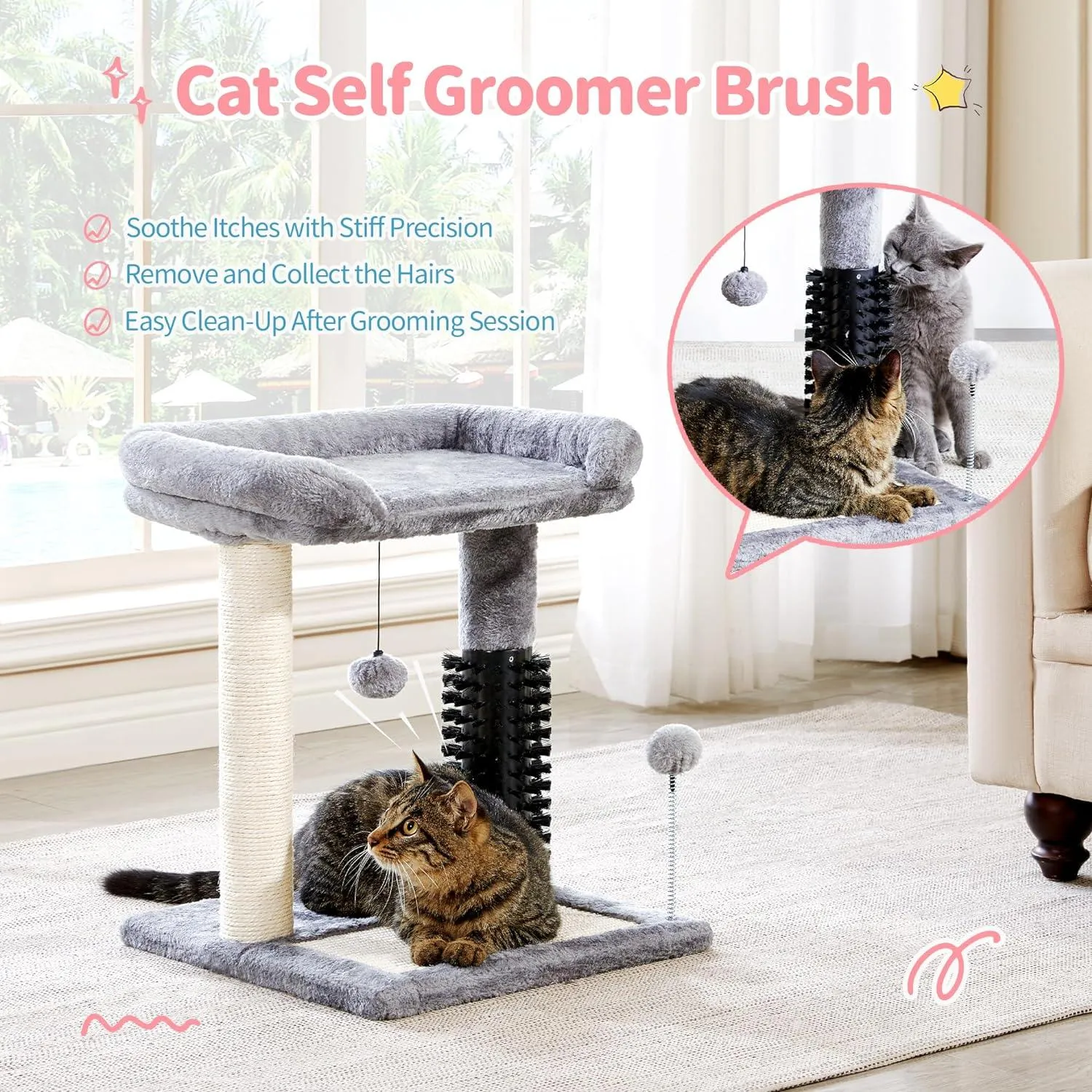 Small Cat Tree Tower 4-in-1 with Cat Self Groomer Brush