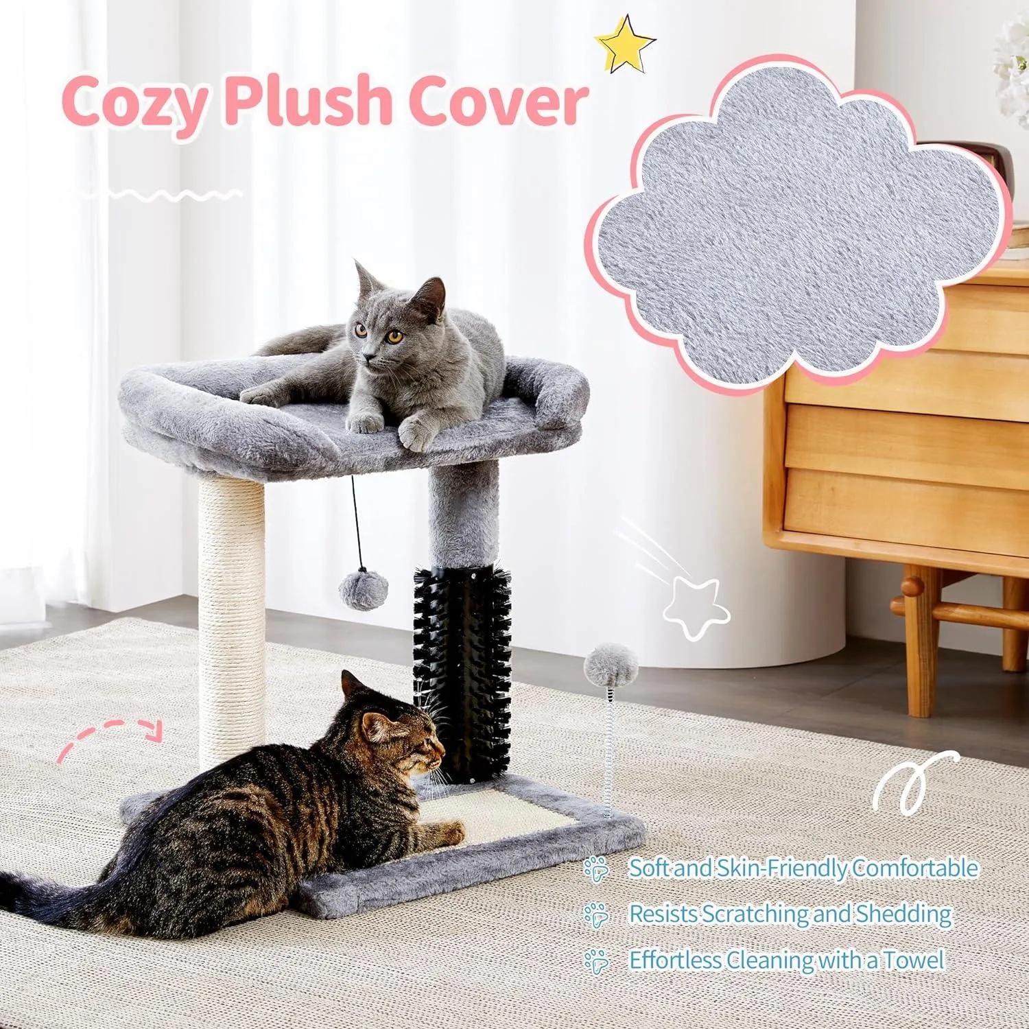 Small Cat Tree Tower 4-in-1 with Cat Self Groomer Brush