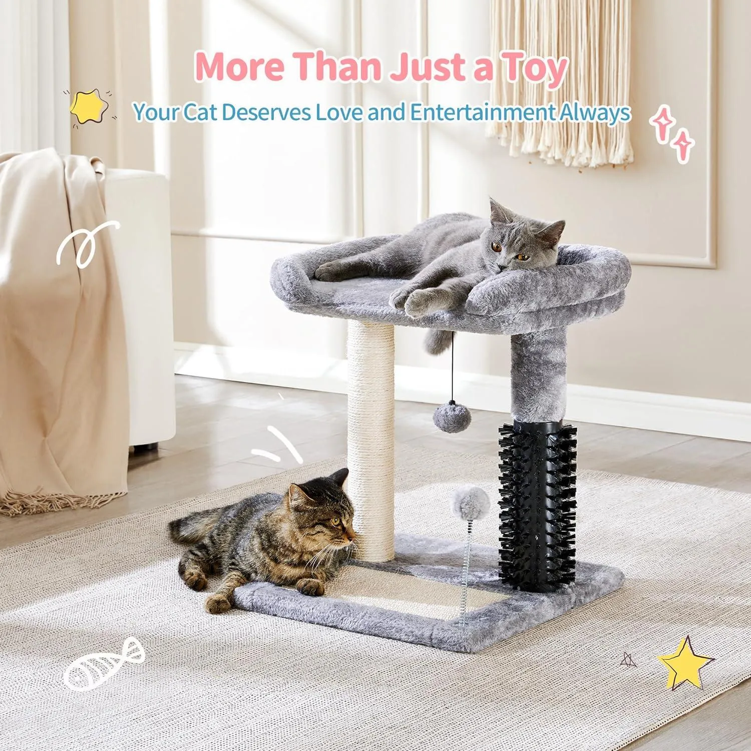 Small Cat Tree Tower 4-in-1 with Cat Self Groomer Brush