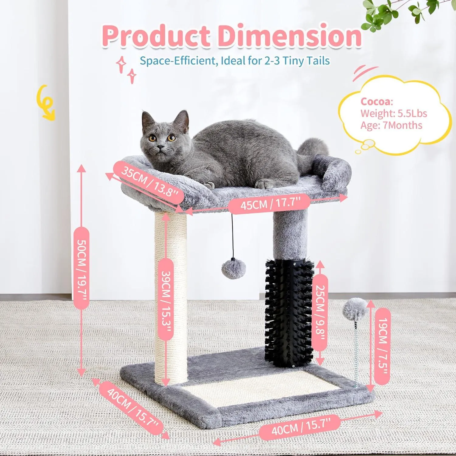 Small Cat Tree Tower 4-in-1 with Cat Self Groomer Brush