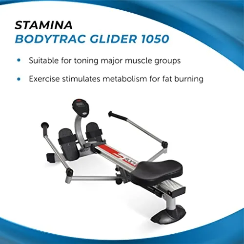 Stamina BodyTrac Glider 1050 Hydraulic Rowing Machine with Smart Workout App - Rower Workout Machine with Cylinder Resistance - Up to 250 lbs Weight Capacity